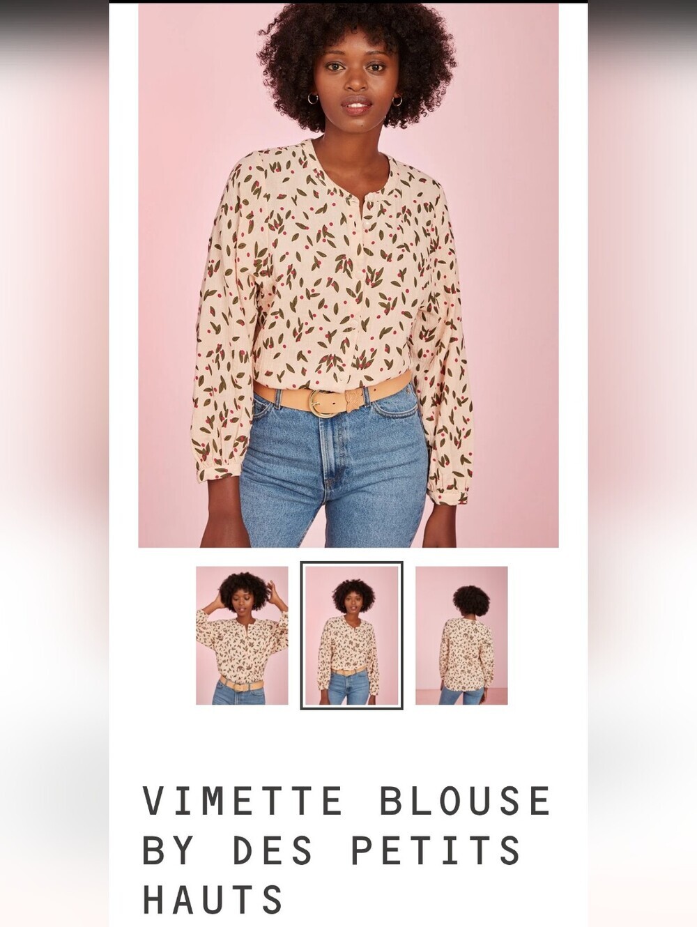 NWOT Des Petits Hauts Vimette 100%Cotton Blouse-Cream with Multi Leaf Print Sz S